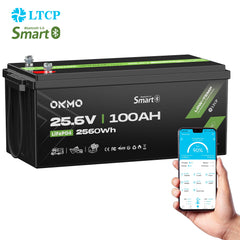 OKMO 24V 100Ah LiFePO4 Lithium Battery Bluetooth for Marine Trolling Motor, RV and Home Solar Energy Storage Off-Grid 15,000+ Deep Cycle Batteries