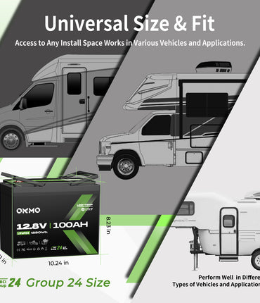 OKMO 12V 100Ah Group 24 LiFePO4 Lithium Battery 100A BMS 15000+ Deep Cycles for RV, Vans & Camper Batteries