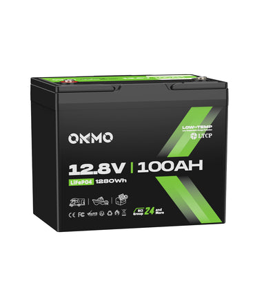 OKMO 12V 100Ah Group 24 LiFePO4 Lithium Battery 100A BMS 15000+ Deep Cycles for RV, Vans & Camper Batteries