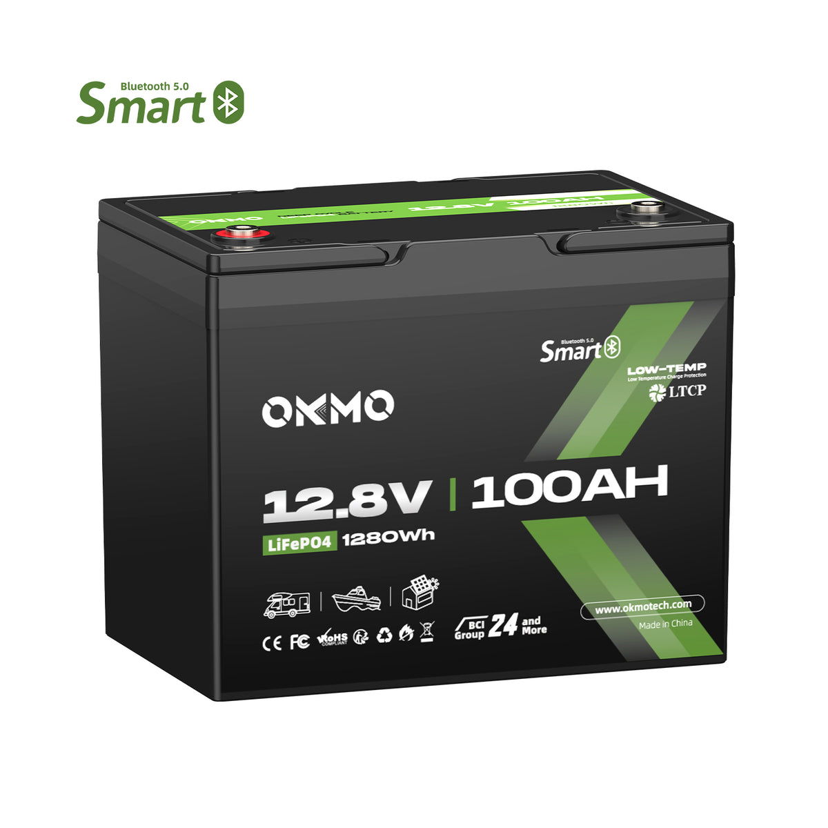 OKMO 12V 100Ah Group 24 15000+ Deep Cycles LiFePO4 Lithium Battery  Bluetooth