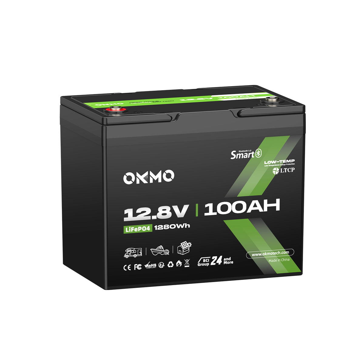 OKMO 12V 100Ah Group 24 15000+ Deep Cycles LiFePO4 Lithium Battery  Bluetooth