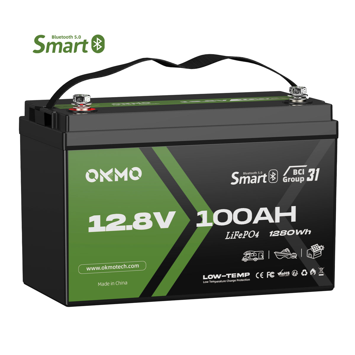 OKMO 12V 100Ah Group 31 15000+ Deep Cycles LiFePO4 Lithium Battery Bluetooth