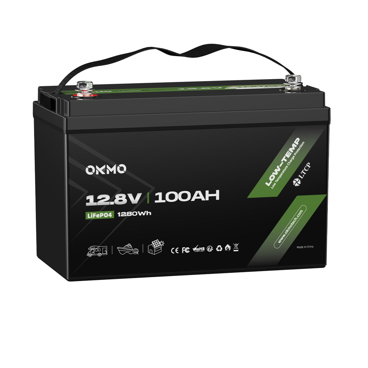 OKMO 12V 100Ah LiFePO4 Lithium Battery 100A BMS 15000+ Deep Cycles for RV, Vans & Camper Batteries