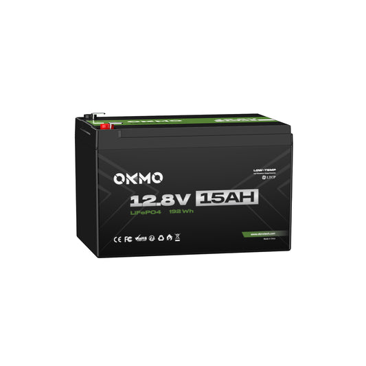 OKMO 12V 15Ah LiFePO4 Lithium Battery,4000+ Deep Cycles rechargeable Battery，Low Temperature Protection, 10-Year Lifetime, for UPS, Kayak Fish Finder, Solar Panel, Power Wheels Toys, Scooter, Radio