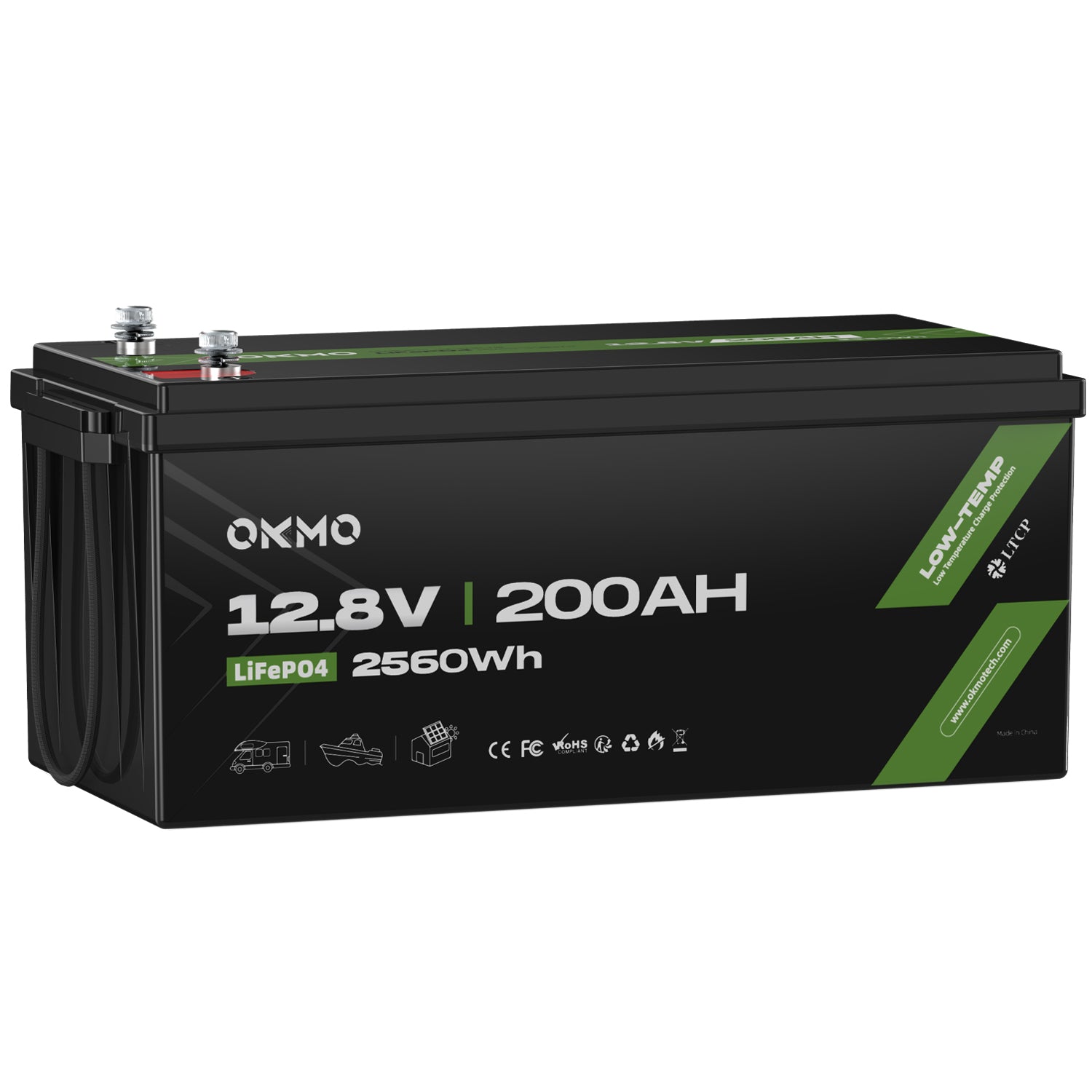 OKMO 12V 200Ah LiFePO4 Battery, Lithium RV Batteries with Low Temperature Protection, 10 Years 15000+ Deep Cycles, for RV, Van, Home Solar Energy Storage Off-Grid, Marine Boat Trolling Motor