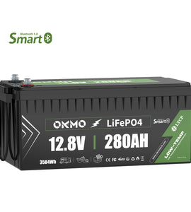 OKMO 12V 280Ah Bluetooth LifePo4 Lithium Battery 15,000+ Deep Cycles for Marine RVs Home storage UPS Power and Backup Power