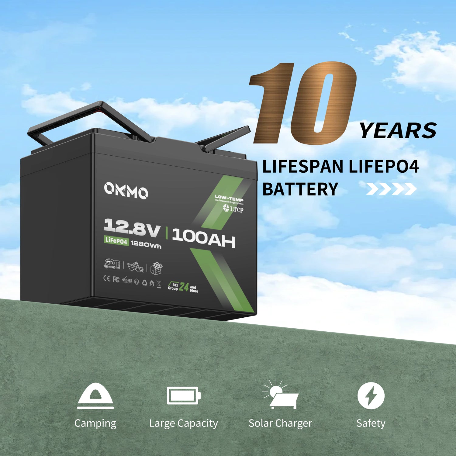 OKMO 12V 100Ah Group 24 15000+ Deep Cycles LiFePO4 Lithium Battery  Bluetooth