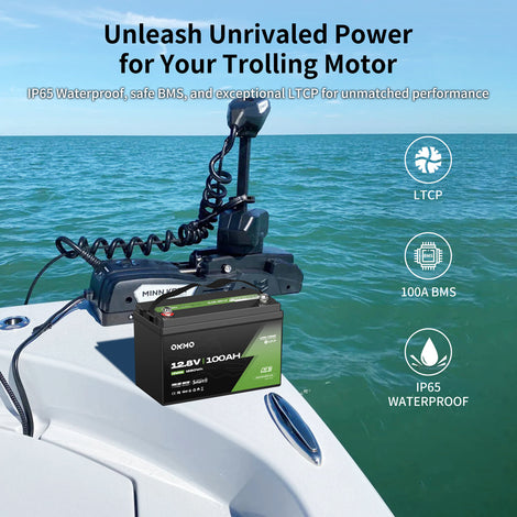 OKMO 12V 100Ah TM LifePo4 Lithium Marine Trolling Motor Battery with Bluetooth