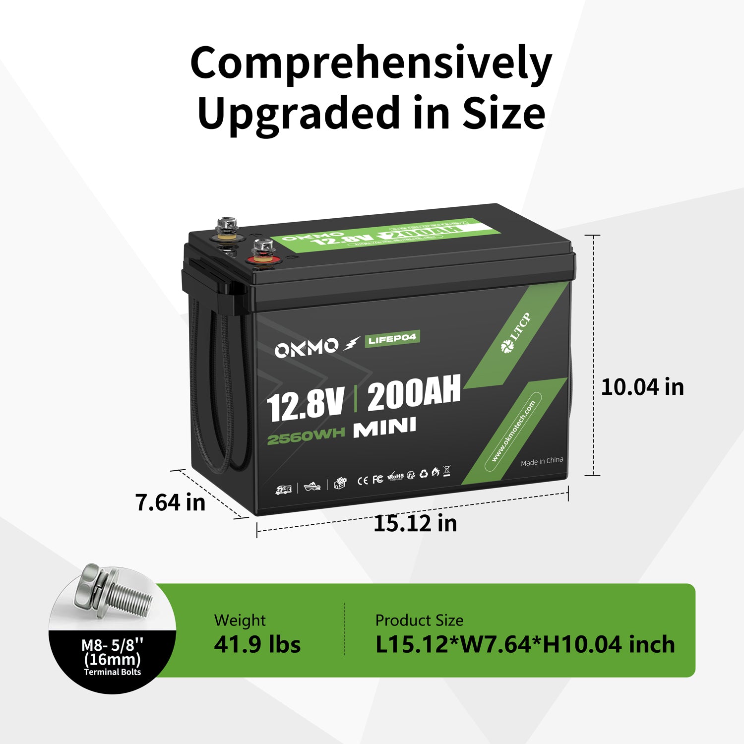 OKMO 12V 200Ah Mini LiFePO4 Battery for RV, Solar, Marine & Off-Grid Power