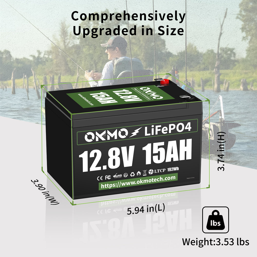 OKMO 12V 15Ah LiFePO4 Lithium Battery 4000+ Deep Cycles for Kayak Fish Finder