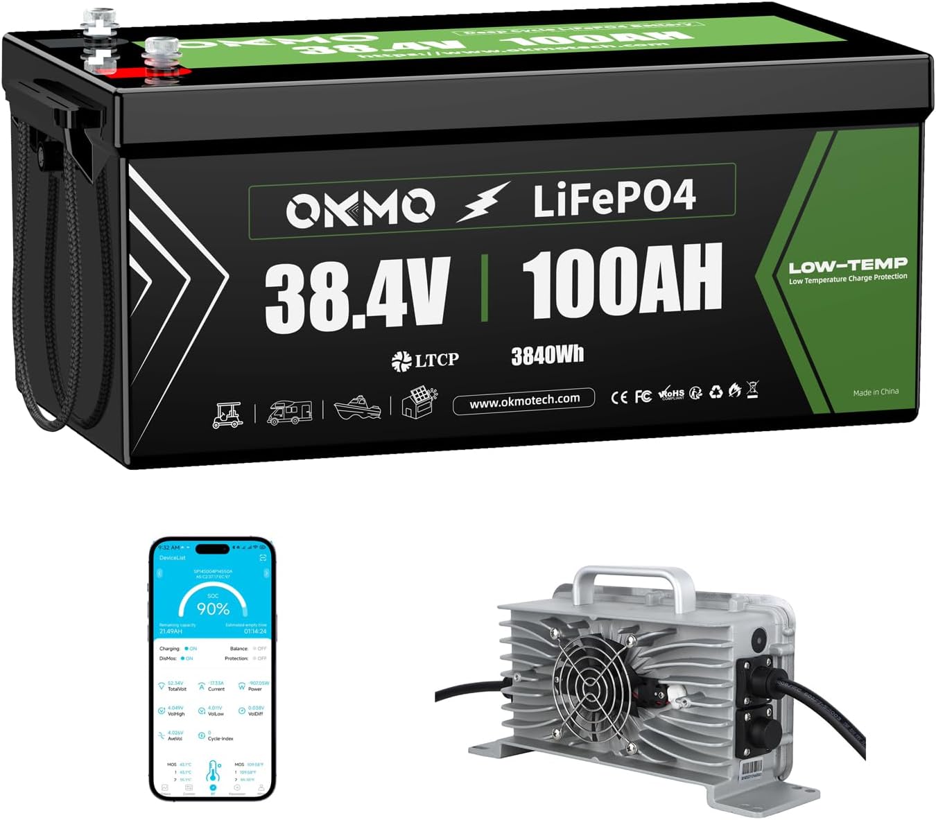 OKMO 36V 100Ah Bluetooth Lithium Battery with Charger for Golf Cart and Marine Electric Boat Battery