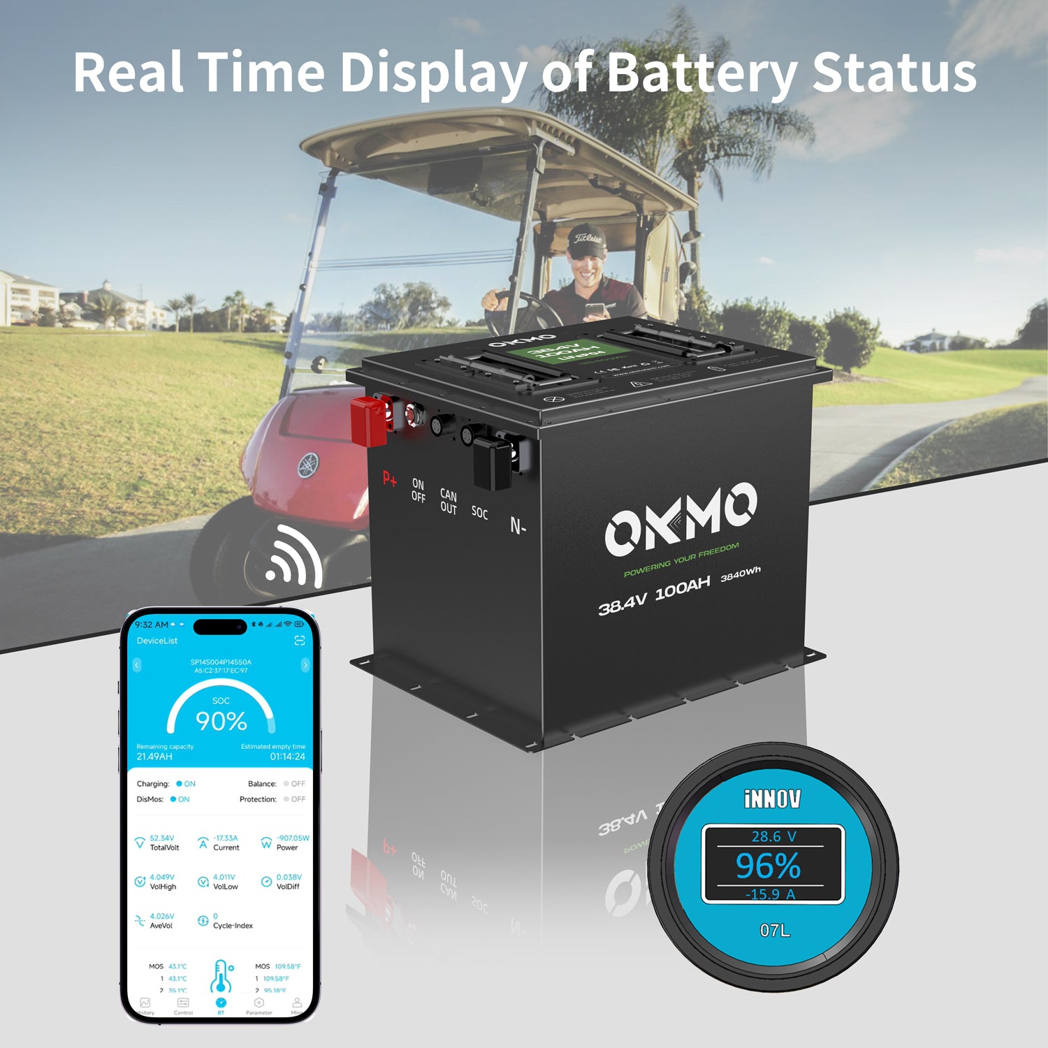 OKMO 36V 100Ah Bluetooth Lithium Battery for Golf Cart and Marine Electric Boat Battery