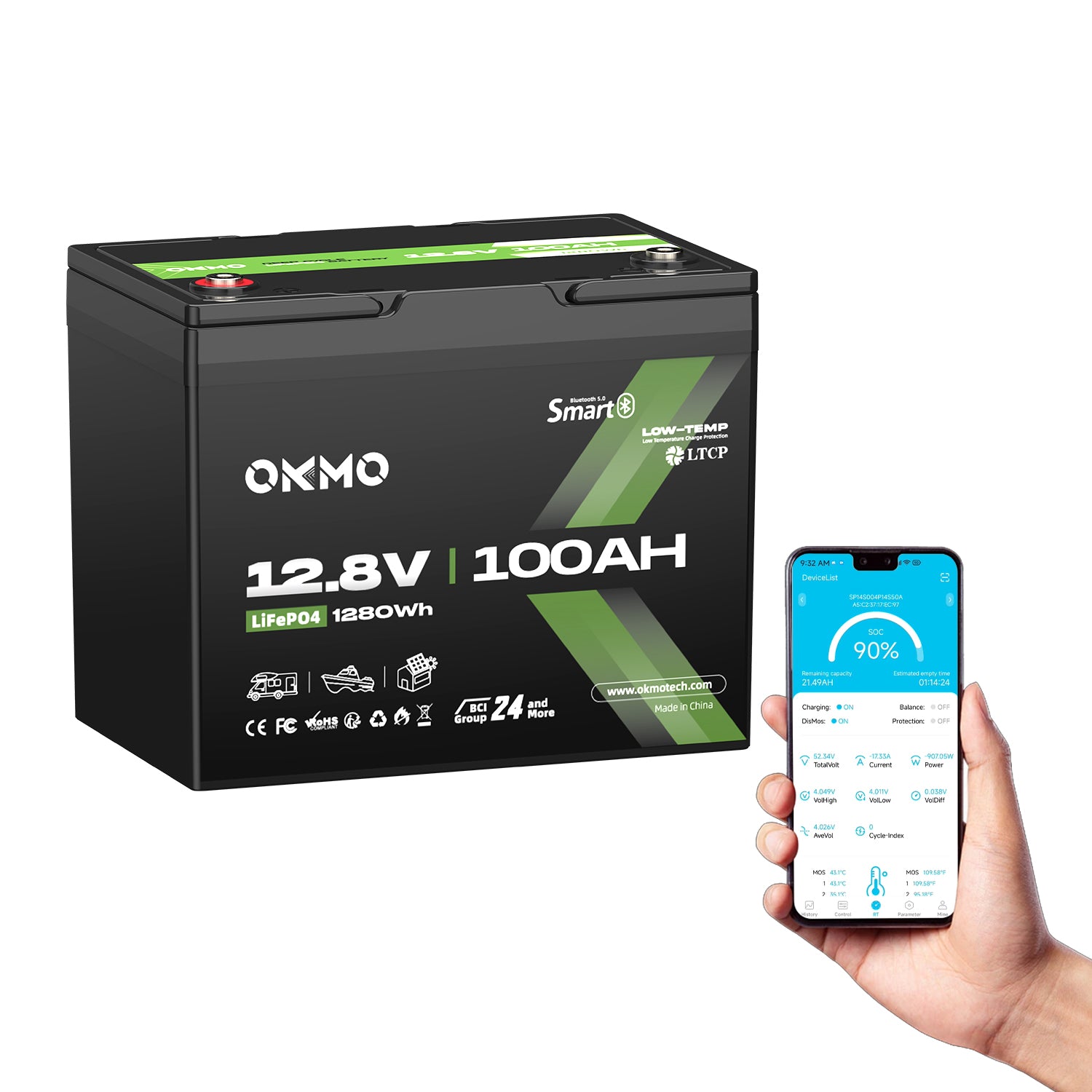 OKMO 12V 100Ah Group 24 15000+ Deep Cycles LiFePO4 Lithium Battery  Bluetooth