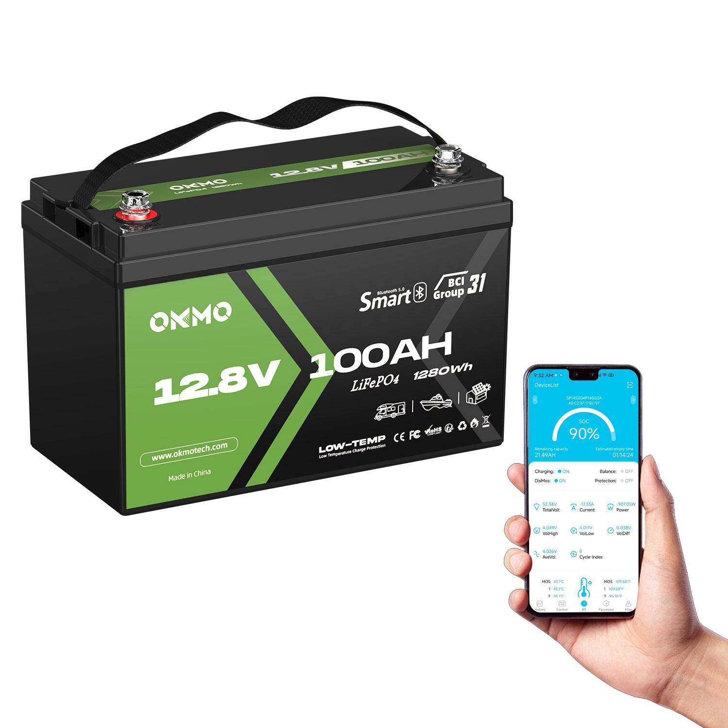 OKMO 12V 100Ah Group 31 15000+ Deep Cycles LiFePO4 Lithium Battery Bluetooth