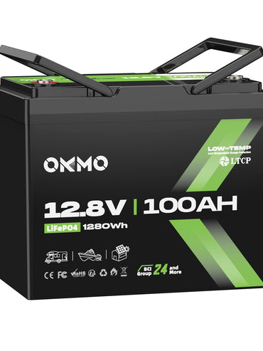 OKMO 12V 100Ah Group 24 LiFePO4 Lithium Battery 100A BMS 15000+ Deep Cycles for RV, Vans & Camper Batteries