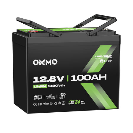 OKMO 12V 100Ah Group 24 LiFePO4 Lithium Battery 100A BMS 15000+ Deep Cycles for RV, Vans & Camper Batteries