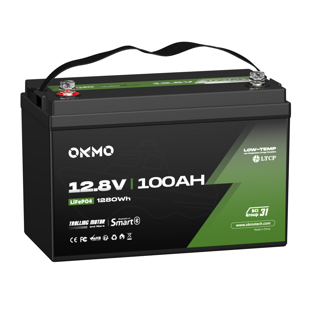 OKMO 12V 100Ah TM LifePo4 Lithium Marine Trolling Motor Battery with Bluetooth