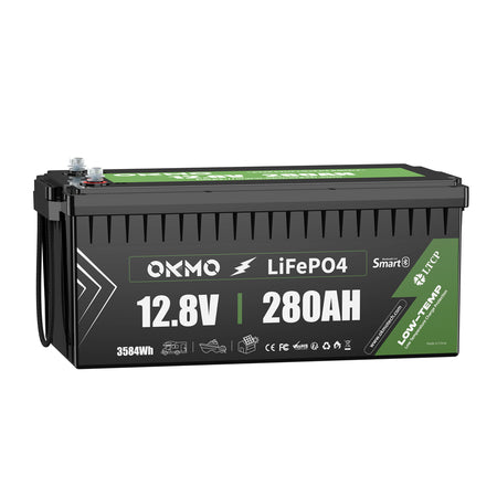 OKMO 12V 280Ah Bluetooth LifePo4 Lithium Battery 15,000+ Deep Cycles for Marine RVs Home storage UPS Power and Backup Power