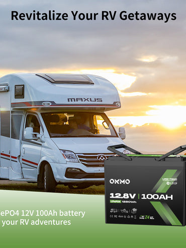 OKMO 12V 100Ah Group 24 LiFePO4 Lithium Battery 100A BMS 15000+ Deep Cycles for RV, Vans & Camper Batteries