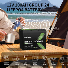 OKMO 12V 100Ah Group 24 LiFePO4 Lithium Battery 100A BMS 15000+ Deep Cycles for RV, Vans & Camper Batteries