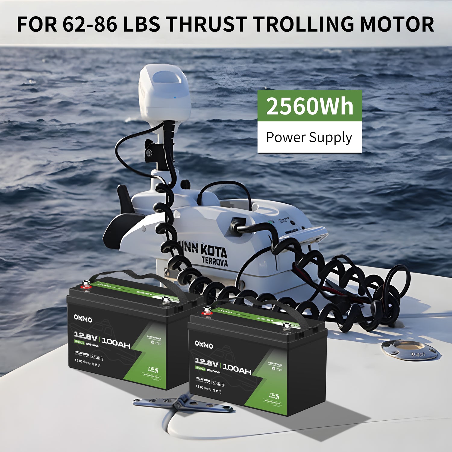 OKMO 12V 100Ah TM LifePo4 Lithium Marine Trolling Motor Battery with Bluetooth