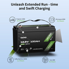 OKMO 12V 100Ah LiFePO4 Lithium Battery 100A BMS 15000+ Deep Cycles for RV, Vans & Camper Batteries